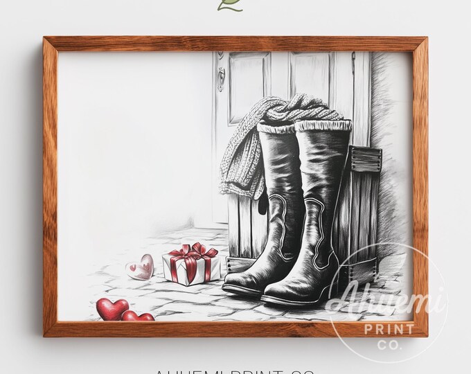 Farmhouse Boots Monochrome Print - Cozy Rustic Entryway Decor, Neutral Wall Art with Scarf and Crate, Digital Download Art 51