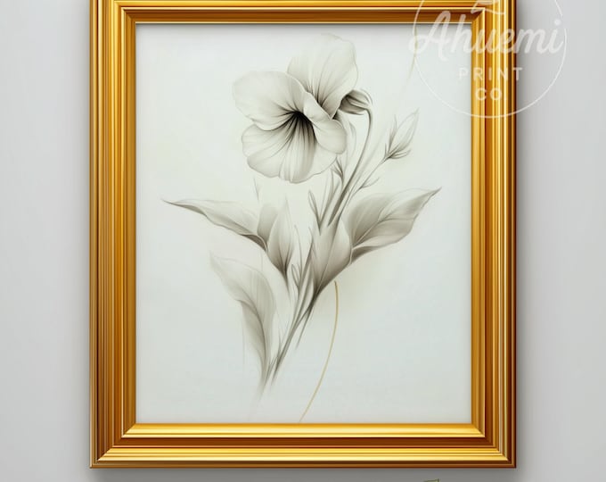 Vintage Violet Flower Print – Minimalist Pencil Drawing (Digital Download)