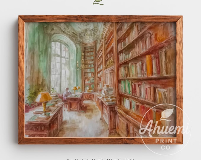 Cozy Library Watercolor Print – Vintage Bookish Cottagecore (Digital Download)
