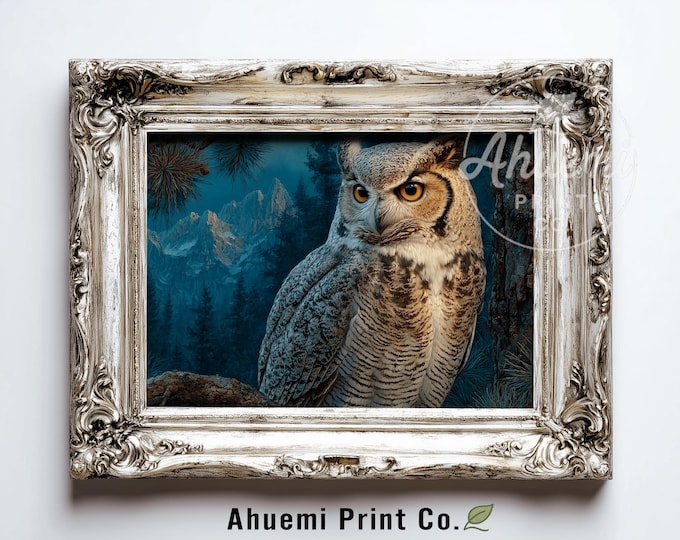 Moody Great Horned Owl Wall Art - Rustic Woodland Scene, Night-time Forest, Dramatic Amber Eyes, Digital Nature Illustration Printable 375