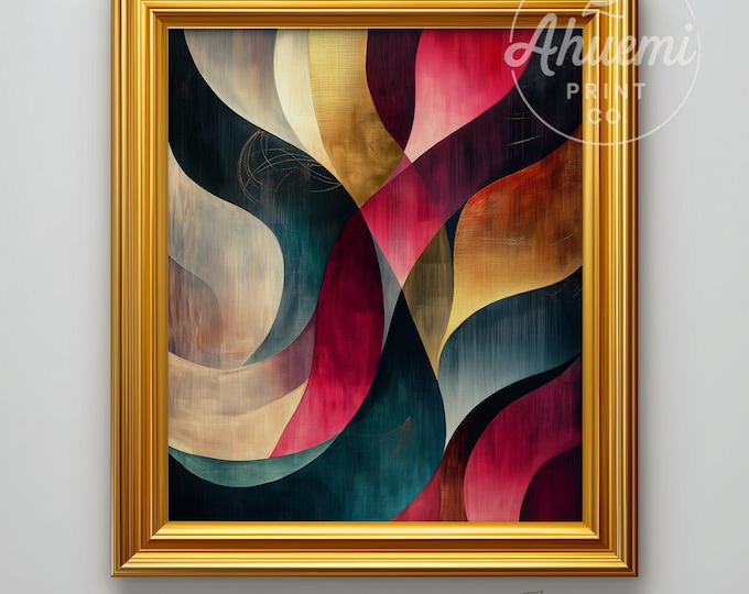 Jewel-Tone Abstract Art Print – Moody Ribbon Brushstrokes (Digital Download)