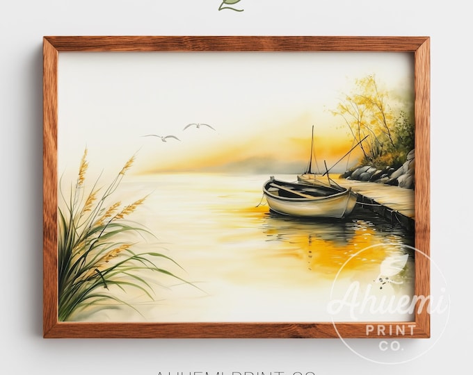 Coastal Sunset Watercolor Painting – Serene Nautical Landscape (Digital Art)