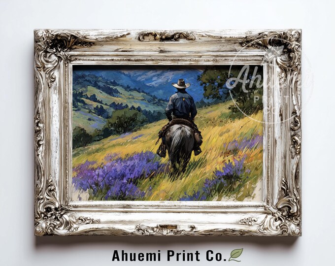 Rustic Cowboy on Horse Painting - Serene Western Landscape Art, Pastoral Scene with Lupine & Sagebrush, Printable Digital Download 400