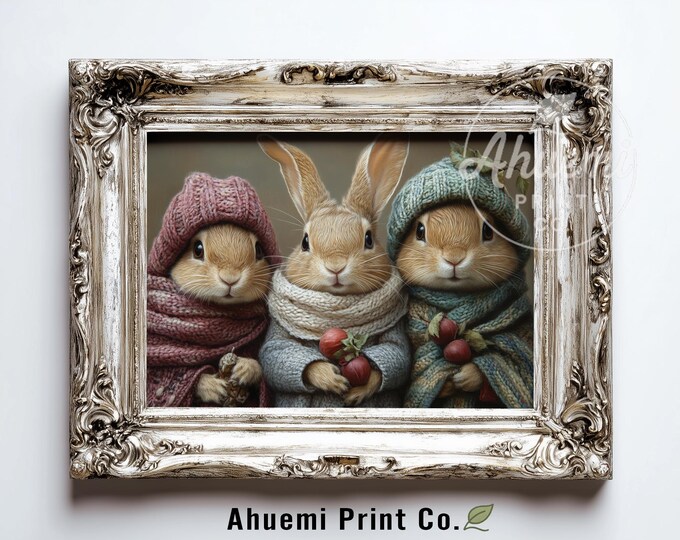 Cottagecore Rabbit Print - Bunnies with Berries, Vintage Nursery Art (Digital Download)