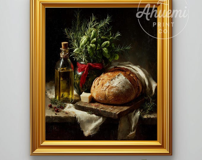 Farmhouse Kitchen Still Life Painting – Rosemary, Bread, Moody Art (Digital Download)