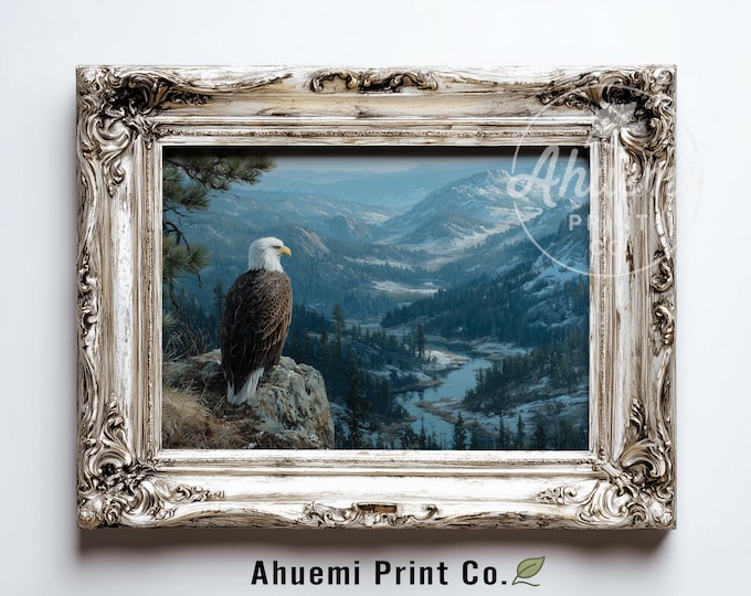 Majectic Bald Eagle in Alpine Valley - Realistic Wilderness Landscape Art, Rustic Nature Scene, Moody Spring Decor, Digital Download 367