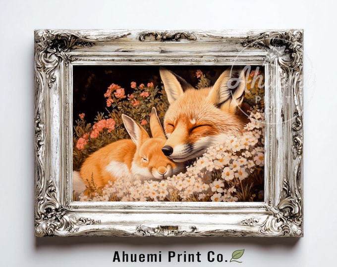 Cottagecore Fox and Rabbit Printable Art - Cozy Springtime Woodland Scene, Pastoral Charm, Muted Color Fur Textures, Digital Download 524