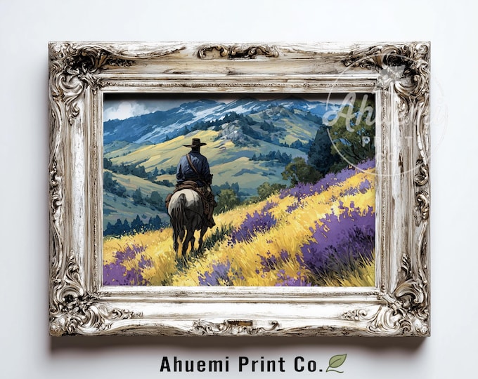 Rustic Cowboy on Horseback Illustration - Moody Landscape Art Print, Serene Wildflower Pasture, Western Style, Printable Decor Download 401