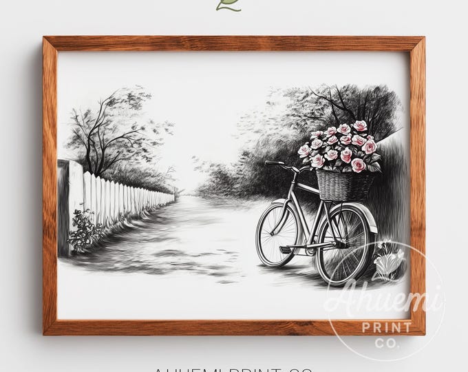 Vintage Bicycle Wall Art, Printable Romantic Decor, Cottagecore Rustic Charm, Basket of Pink Roses, Cozy Country Scene, Digital Download 48