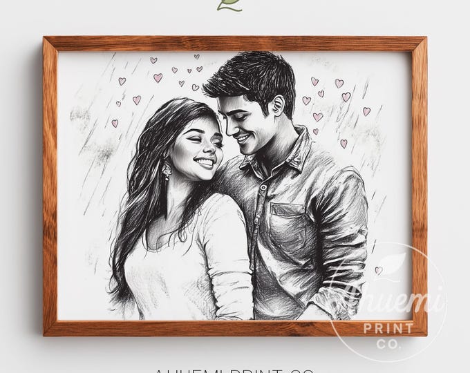 Romantic Couple in Rain Hand-Drawn Print - Cozy Black and White Artwork, Intimate Monochrome Wall Art, Printable Digital Download 54