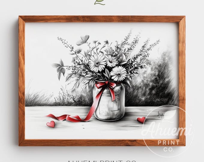 Wildflower Mason Jar Sketch Print – Rustic Farmhouse Wall Art (Digital Download)
