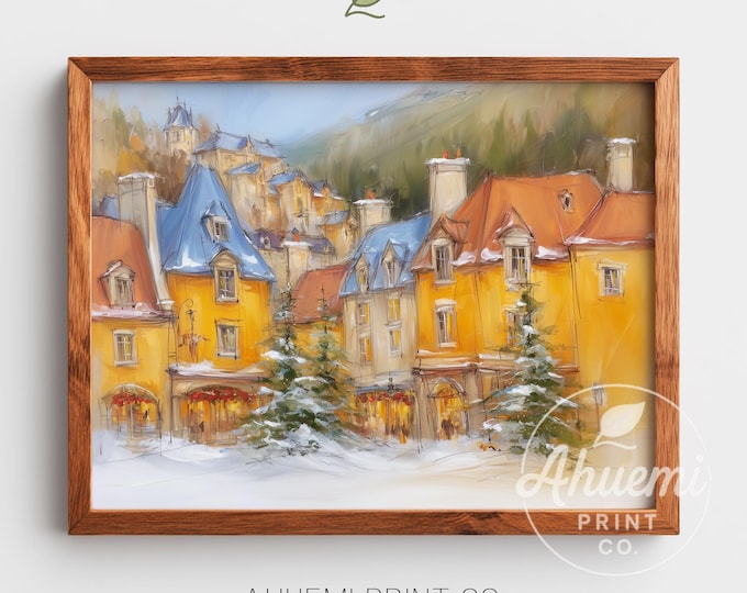 Winter Village Watercolor Print - Cottagecore Mountain Scene (Digital Download)