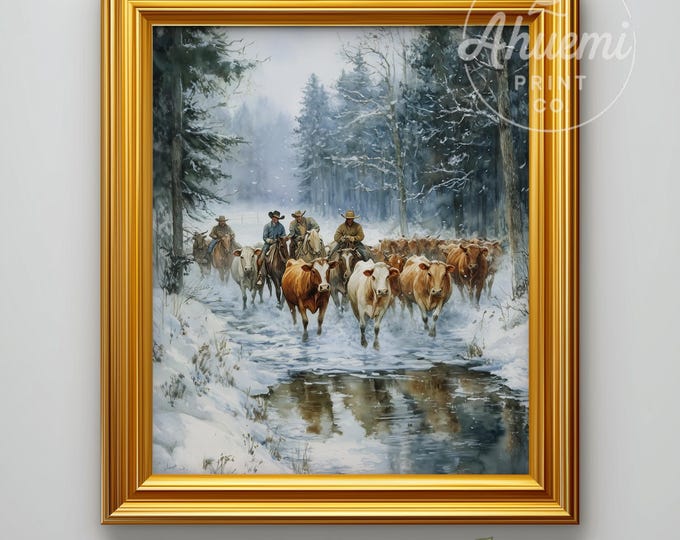 Winter Cattle Drive Painting – Rustic Farmhouse Decor (Digital Download)