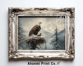 May include: A framed print featuring a majestic bald eagle perched on a nest with a chick, set against a snowy mountain backdrop. The artwork is enclosed in an ornate, silver-toned frame. The print is from Ahuemi Print Co.