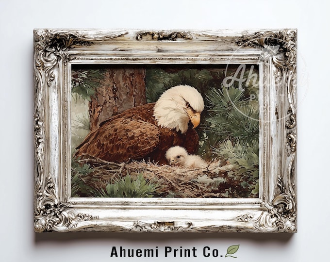 Vintage Wildlife Printable - Majestic Bald Eagle Feeding Eaglet, Rustic Nature Painting, Warm Earthy Art, Classic Digital Download Art 436