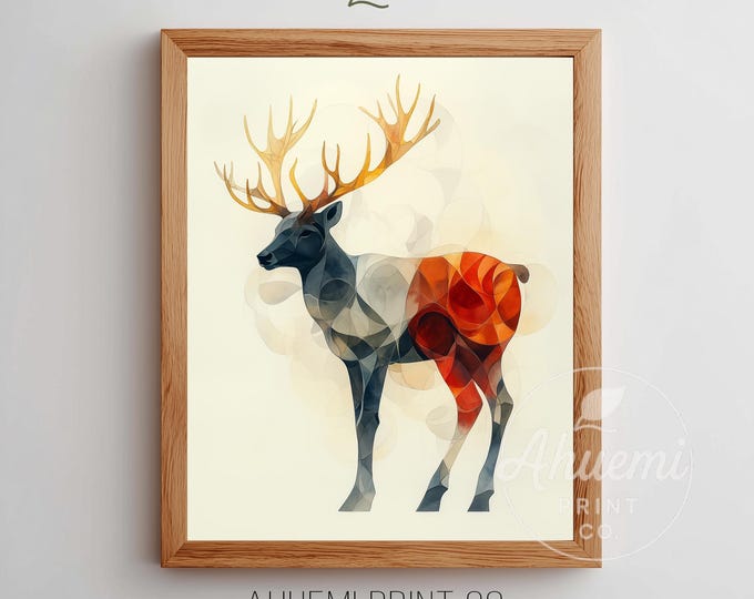 Modern Reindeer Printable - Scandinavian Minimalist Wall Art, Festive Abstract Elk with Geometric Shapes, Warm Color Gradient, Download 223