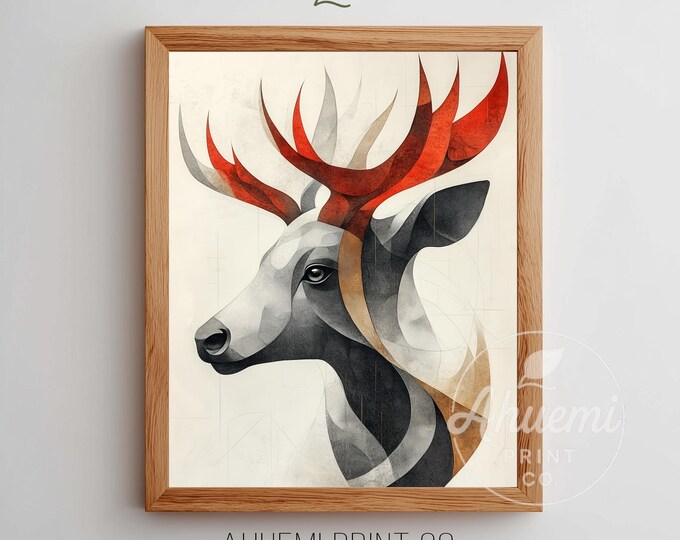 Stylized Abstract Reindeer Head Print - Modern Scandinavian Wall Art, Neutral Minimalist Watercolor, Rustic Digital Download, Printable 222