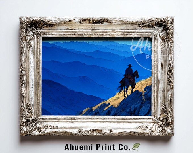 Western Cowboy on Horseback - Moody Silhouette Painting, Dramatic Vintage Western Scene, Rustic Minimalist Wall Art, Printable, Digital 389