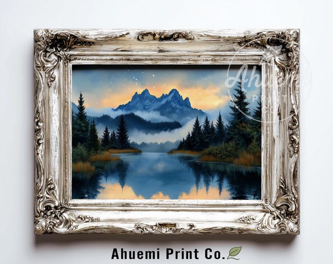 Moody Mountain Lake Sunset Print - Serene Alpine Reflection Wall Art, Rustic Cabin Decor, Printable Landscape Painting, Digital Download 551
