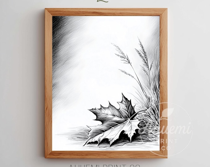 Moody Printable Maple Leaf Artwork - Minimalist Botanical Wall Art, Graphite Sketch, High-Contrast Nature Decor, Digital Download 84