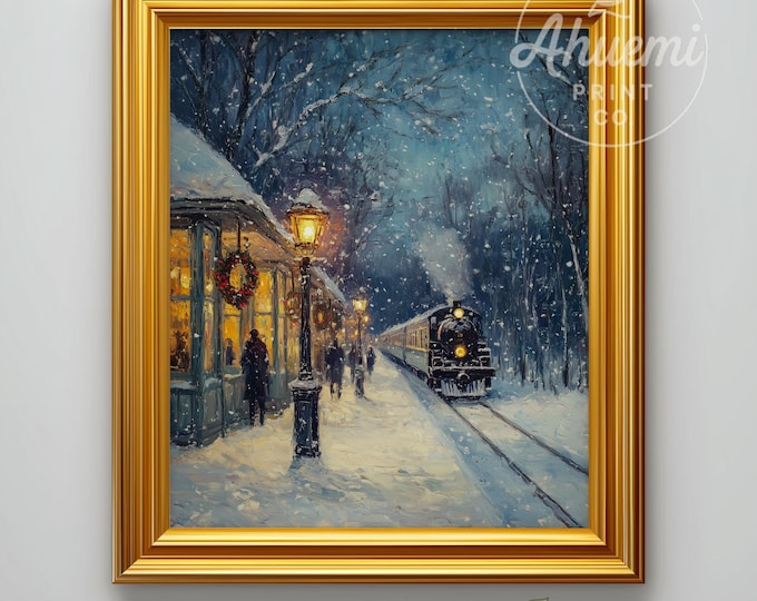 Vintage Winter Train Station Art Print – Festive Snow Scene (Digital Download)
