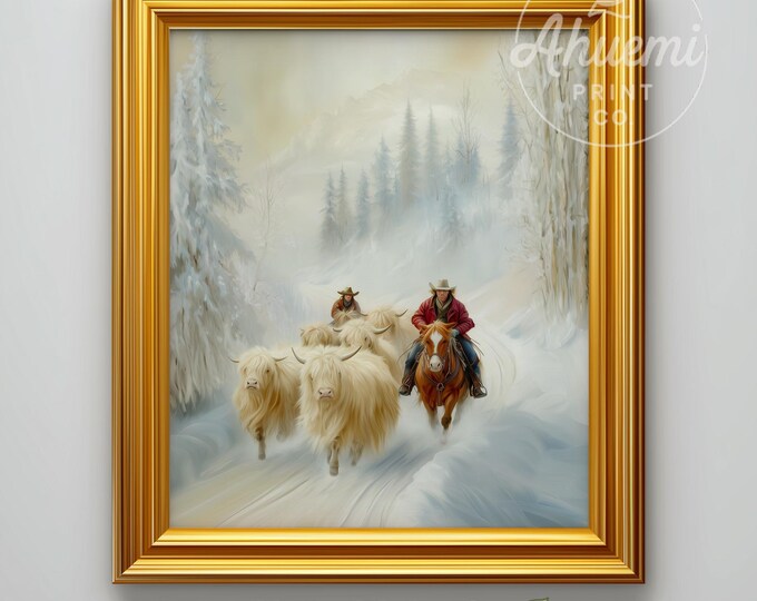Highland Cattle Winter Painting - Rustic Farmhouse Print (Digital Download)