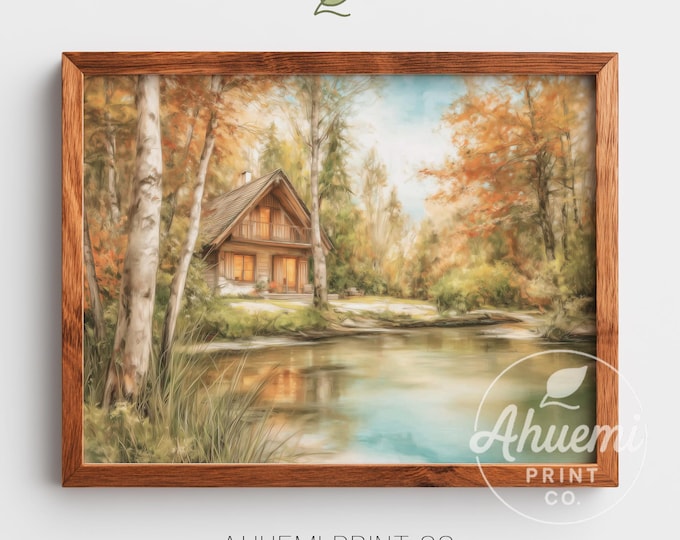 Lakeside Cabin Watercolor Print - Rustic Autumn Cottagecore (Digital Download)