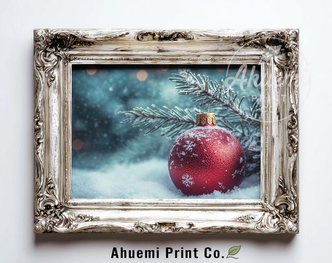 Red Christmas Ornament Print – Vintage Snowflake Holiday Decor (Digital Download)