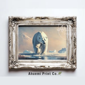 May include: A framed print of a polar bear walking on ice. The artwork features a white polar bear in a snowy landscape with mountains in the background. The frame is ornate with a silver finish. The text "Ahuemi Print Co." is at the bottom.
