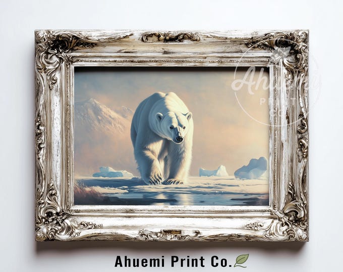 Moody Polar Bear on Fragile Ice - Printable Art, Dramatic Winter Wildlife, Fine Art Digital Download, Majestic Ice Floe Scene Painting 592