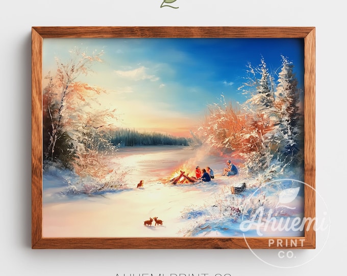 Winter Bonfire Scene Print – Rustic Holiday Landscape (Digital Download)