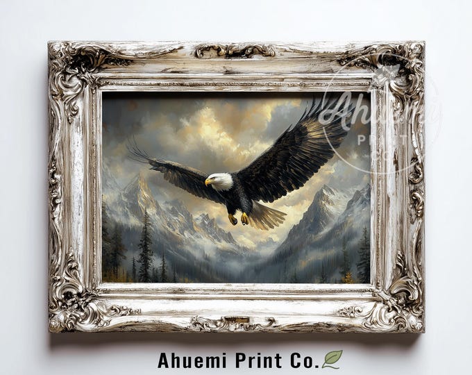 Majestic Bald Eagle Flight - Rugged Wilderness Printable Art, Moody Mountain Storm Scene, Vintage Landscape Painting, Digital Download 435