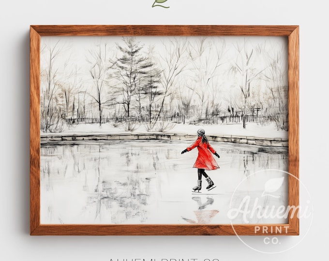 Ice Skating Girl Winter Pond Art Print – Vintage Farmhouse (Digital Download)