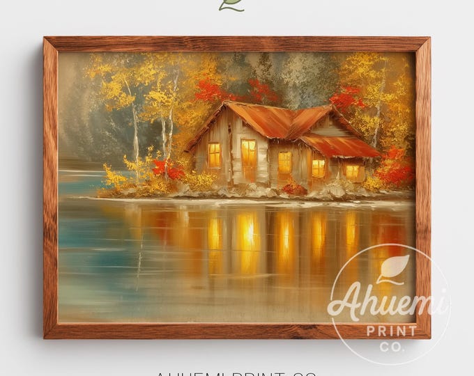 Rustic Lakeside Cabin Watercolor Art – Cozy Autumn Cottagecore Print (Digital Download)