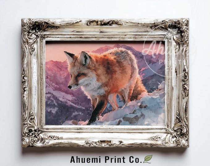 Moody Sierra Nevada Red Fox in Snow - Winter Wildlife Art, Rustic Fox Scene, Snowy Trail Digital Painting, Nature-Inspired Printable 379