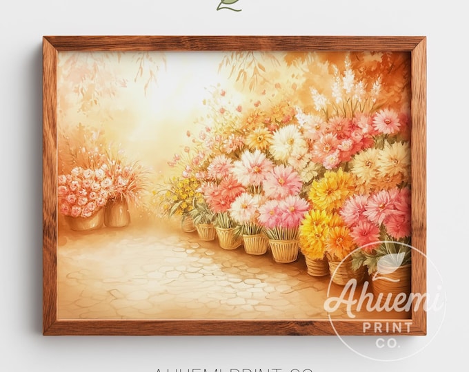 European Flower Market Watercolor Print – Rustic Cottagecore Art (Digital Download)