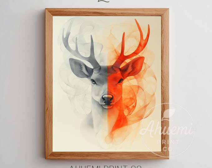Modern Metallic Reindeer Antlers - Moody & Calm Wall Art, Scandinavian Abstract Deer Head, Neutral Watercolor Printable Decor, Digital 220