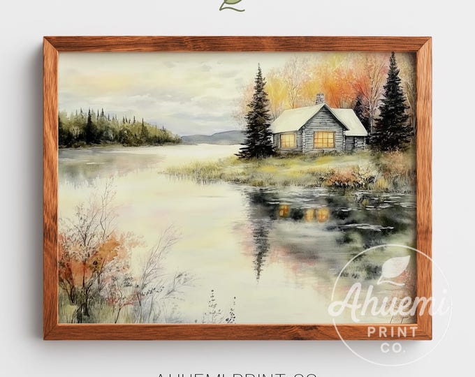 Lakeside Cabin Watercolor Print - Rustic Cottagecore Twilight Scene (Digital Download)