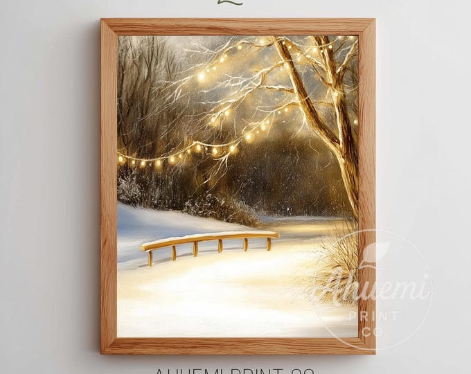 Printable Festive Winter Ice-Skating Rink - Cozy Vintage Evening Scene, Glowing Tree Lights, Warm Village Atmosphere, Holiday Decor Art 266
