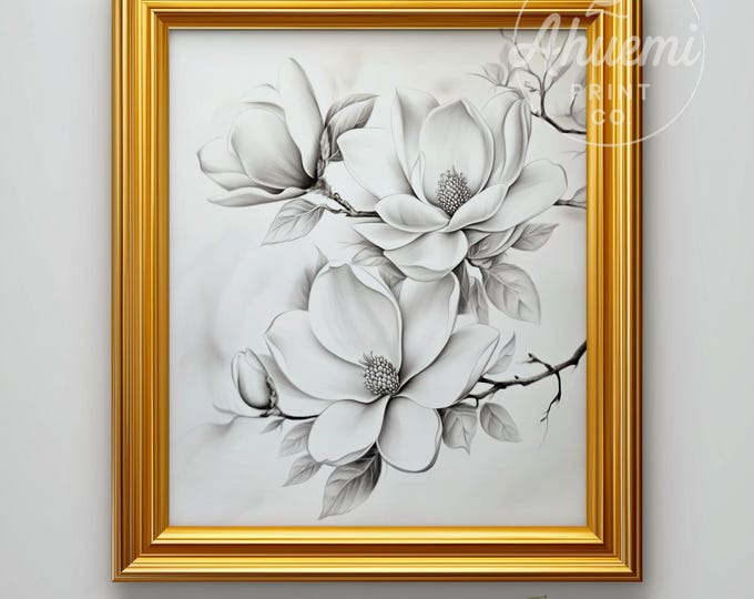 Magnolia Blossom Sketch Print, Elegant Botanical Wall Decor (Digital Download)