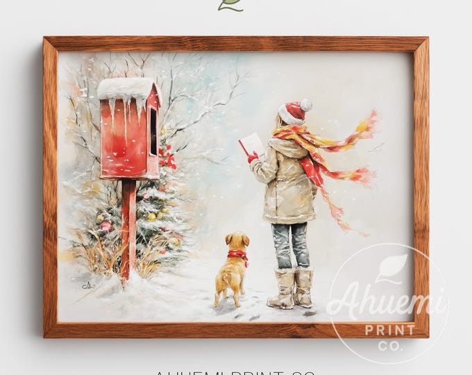 Vintage Christmas Scene Print, Child Mailing Letter (Digital Download)