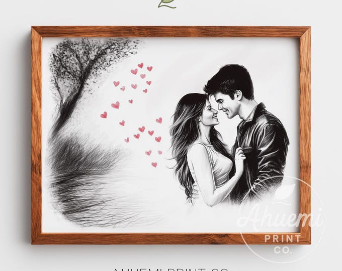 Romantic Couple Embrace in Rain - Moody Black-and-White Artwork, Minimalist Art Print, Cute Valentine's Decor, Printable Digital Download 56