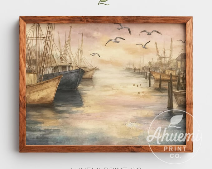 Coastal Fishing Boats Watercolor Print – Vintage Nautical Seascape (Digital Download)