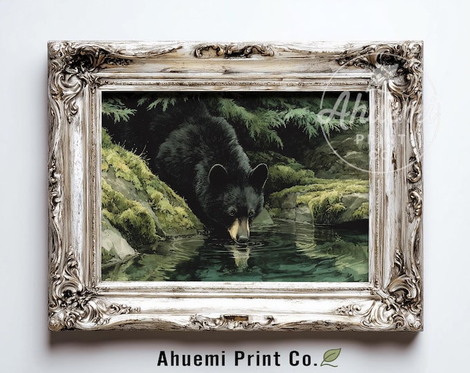 Moody Black Bear Cub at Mountain Creek - Rustic Wildlife Art, Serene Landscape Painting, Realistic Nature Scenery, Printable Wall Decor 420