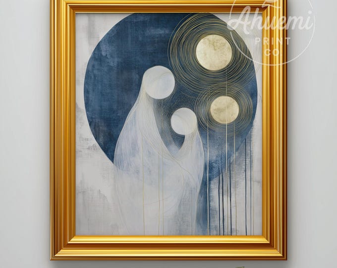 Abstract Minimalist Nativity Scene Art Print, Blue and Gold Christmas Decor (Digital Download)