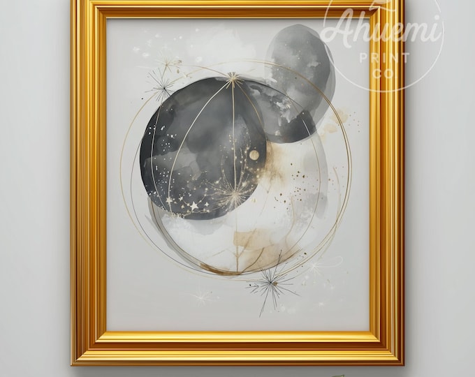 Abstract Watercolor Snow Globe Art Print – Golden Accents (Digital Download)