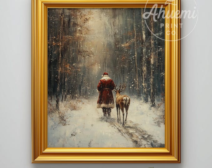 Vintage Santa & Reindeer Print - Rustic Christmas Forest Scene (Downloadable Artwork)