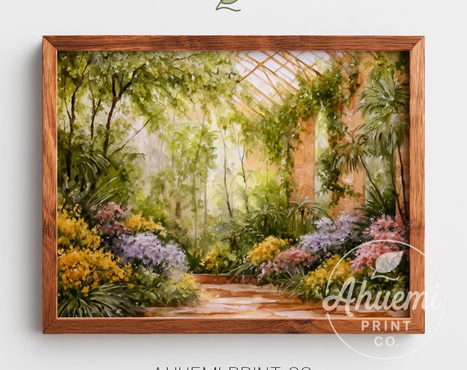 Greenhouse Watercolor Print – Tropical Garden, Vintage Botanical Art (Digital Download)