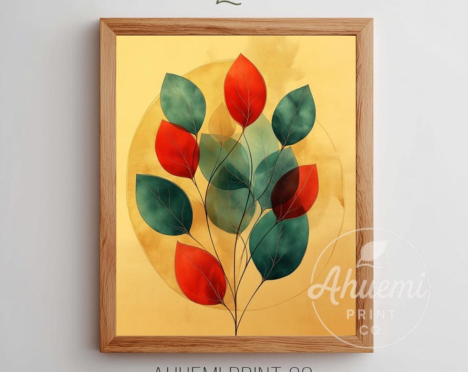 Rustic Mistletoe Watercolor Print, Cottagecore Botanical Art, Cozy Green & Red Leaves, Holiday Wall Decor, Modern Farmhouse Printable 260