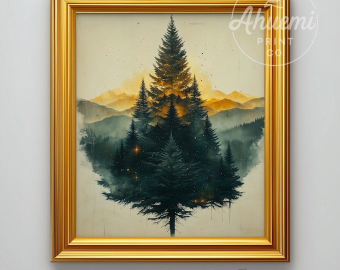 Rustic Christmas Tree Print, Abstract Pine Forest Art (Digital Download)